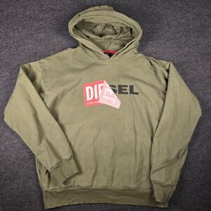 Y2K Diesel Mens Olive Green Logo Graphic Hoodie Sweatshirt Casual Fit Size L